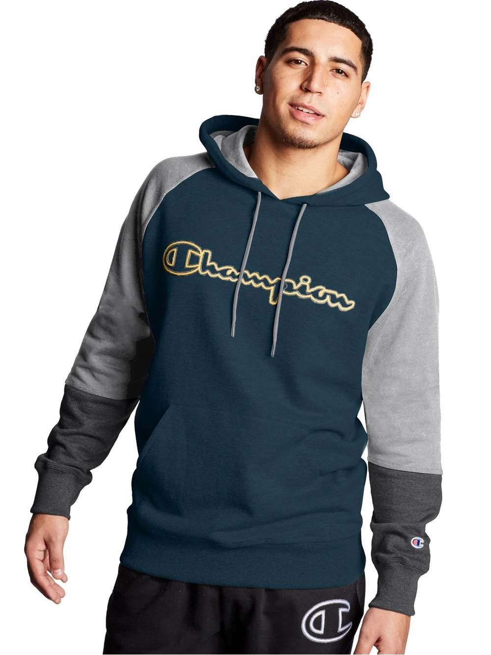 Champion Teal Pullover Hoodie with Gray Raglan Sleeves